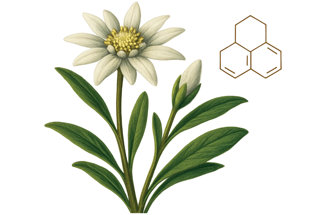 Illustration of a white flower with green leaves and a chemical structure diagram on a white background